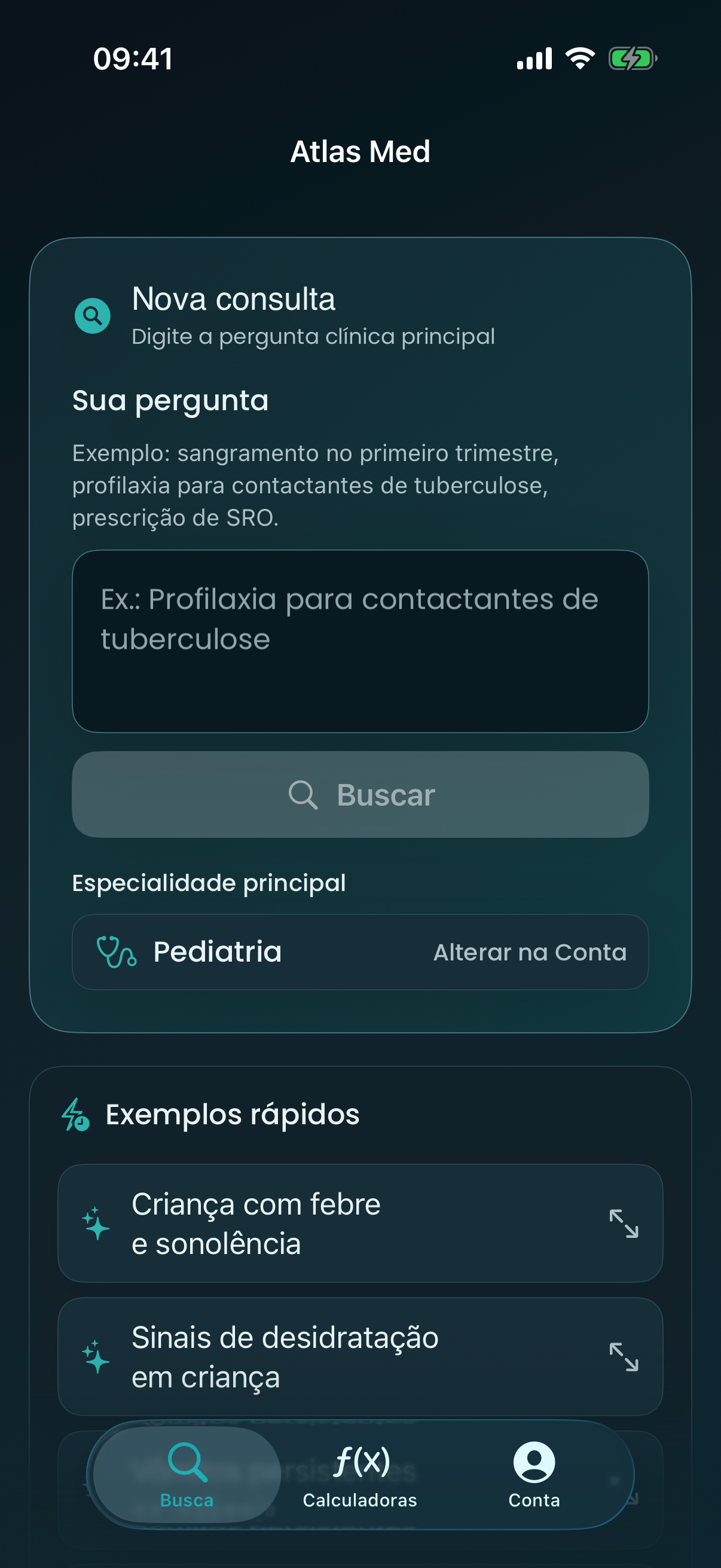Tela inicial do app Atlas Med com pesquisa livre na sua especialidade